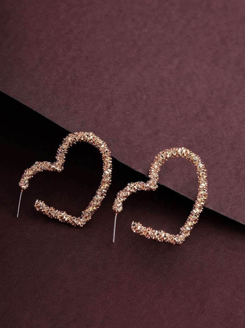 Golden Textured Heart Hoop Earrings – Alloy Statement Design