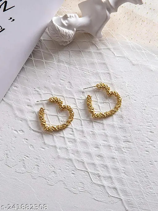 Golden Textured Heart Hoop Earrings – Alloy Statement Design
