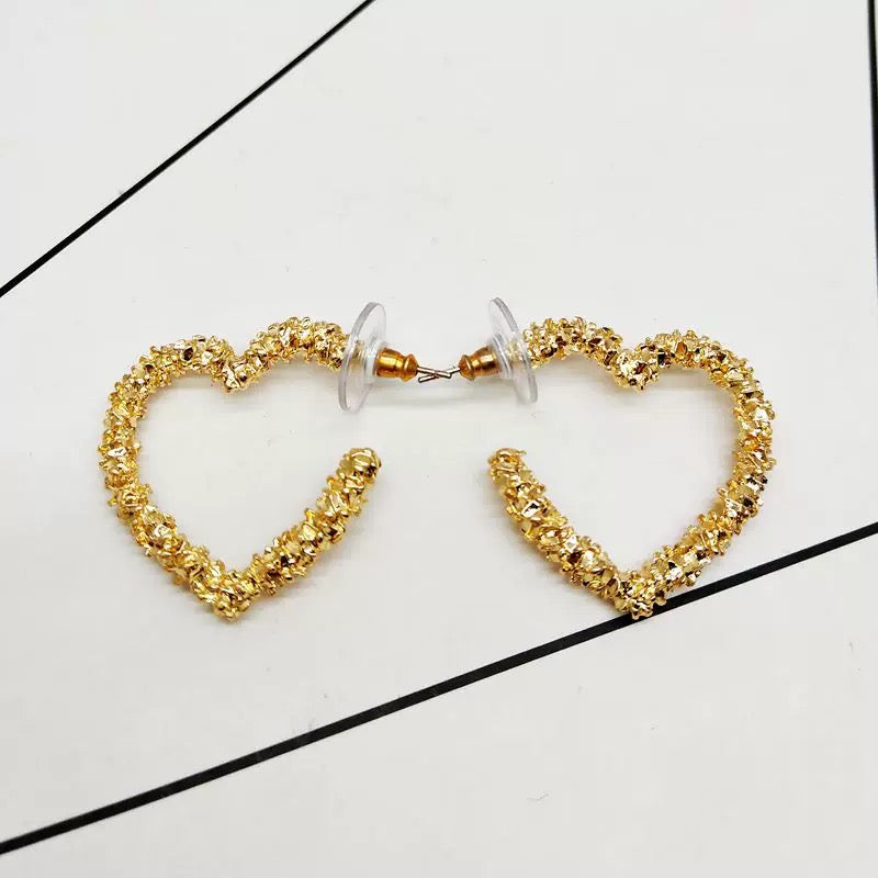 Golden Textured Heart Hoop Earrings – Alloy Statement Design