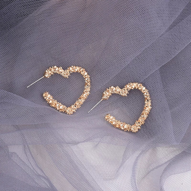 Golden Textured Heart Hoop Earrings – Alloy Statement Design