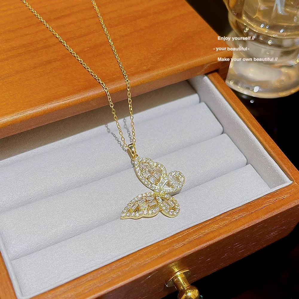 Crystal Butterfly Pendant Necklace – Gold Plated Elegance
