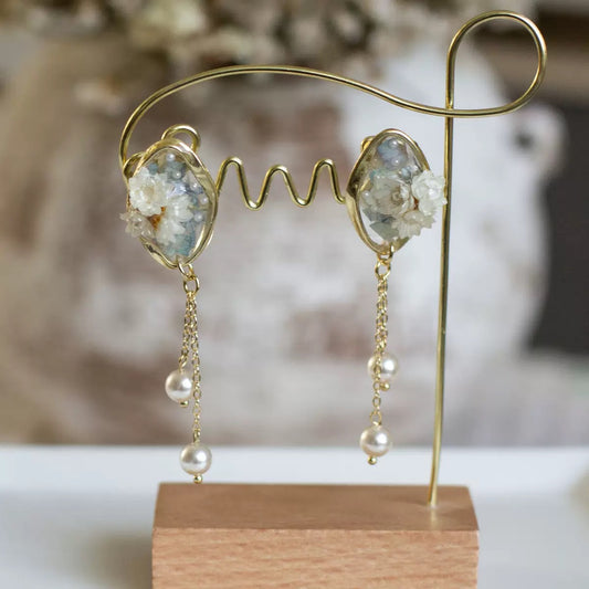 Cream Pressed Flower Chain Drop Earrings
