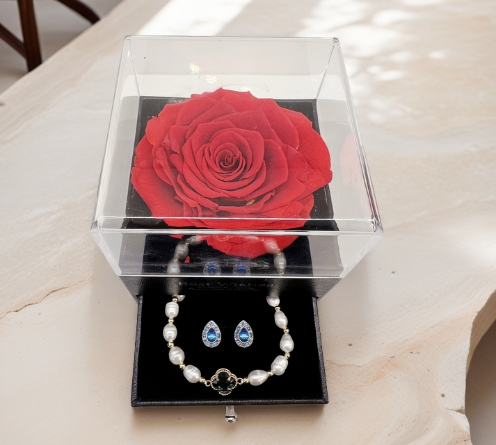 Preserved Real Rose Rose Gift Box with Pearl Bracelet & Blue Crystal Earrings