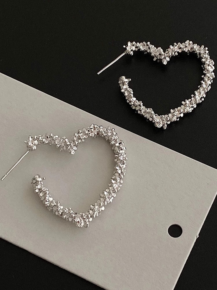 Silver-Plated Textured Heart Hoop Earrings