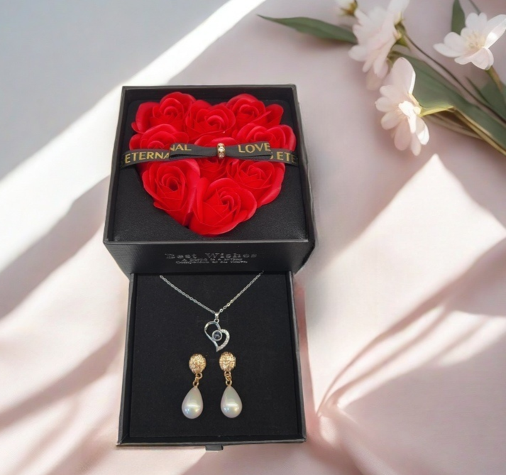 Eternal Love Jewelry & Rose Soap Gift Box β Heart Necklace & Teardrop Pearl Earrings