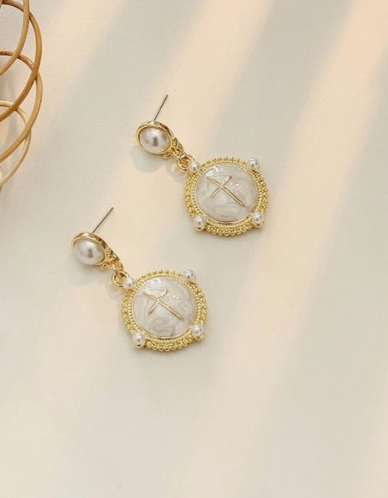 Vintage Cross Medallion Pearl Drop Earrings