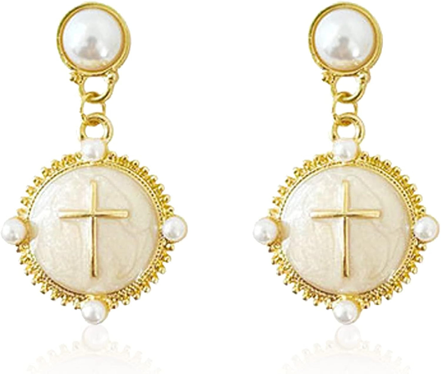 Vintage Cross Medallion Pearl Drop Earrings