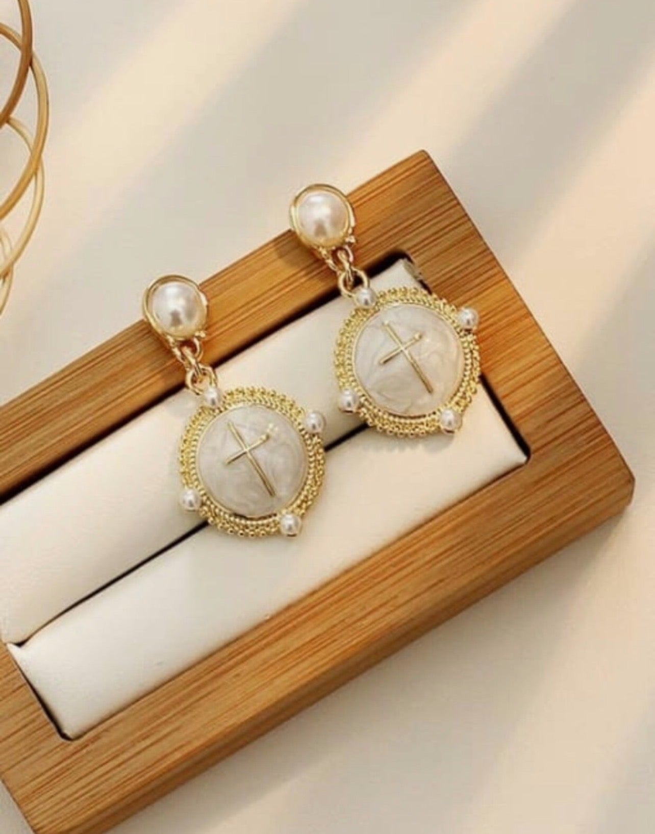 Vintage Cross Medallion Pearl Drop Earrings