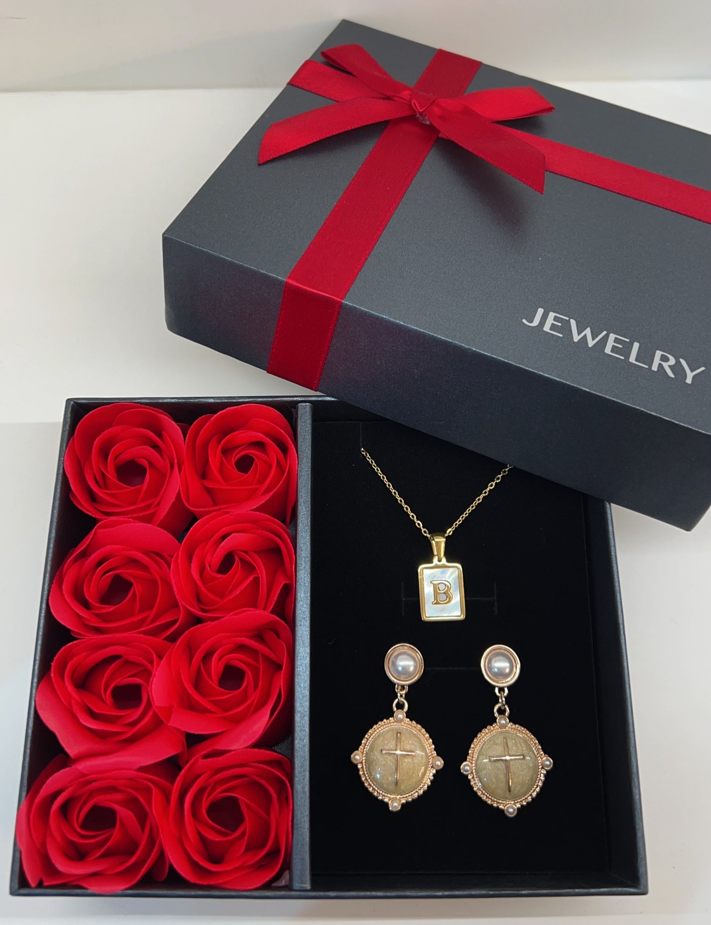 Luxury Jewelry & Rose Soap Gift Box – "B" Initial Necklace & Cross Earrings Set