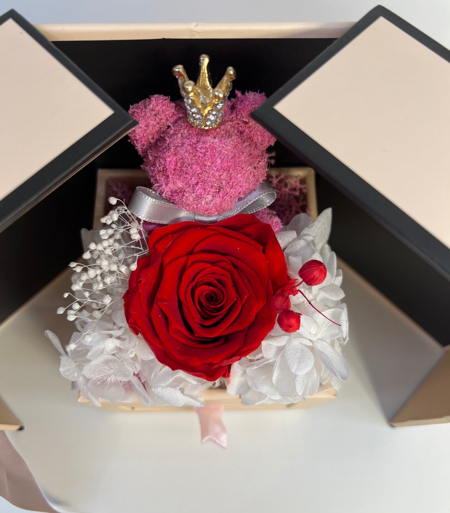 Red Forever Rose & Moss Teddy Jewelry Box – Handmade Gift Edition