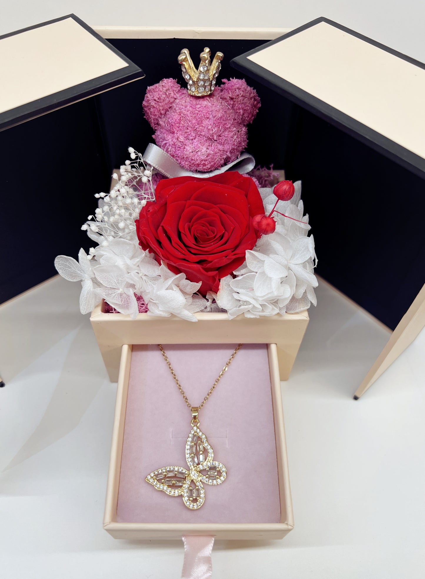 Handcrafted Preserved Rose Jewelry Box with Moss Teddy & Butterfly Necklace