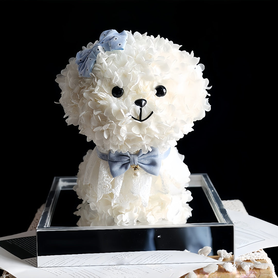 Preserved Flower Puppy – Handmade Eternal Hydrangea Dog in Gift Display Box