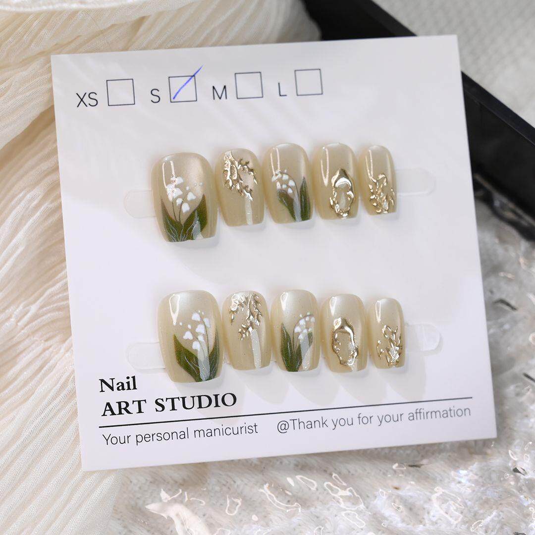 Lily of the Valley Short Press-On Nails | Handmade Botanical Nail Art