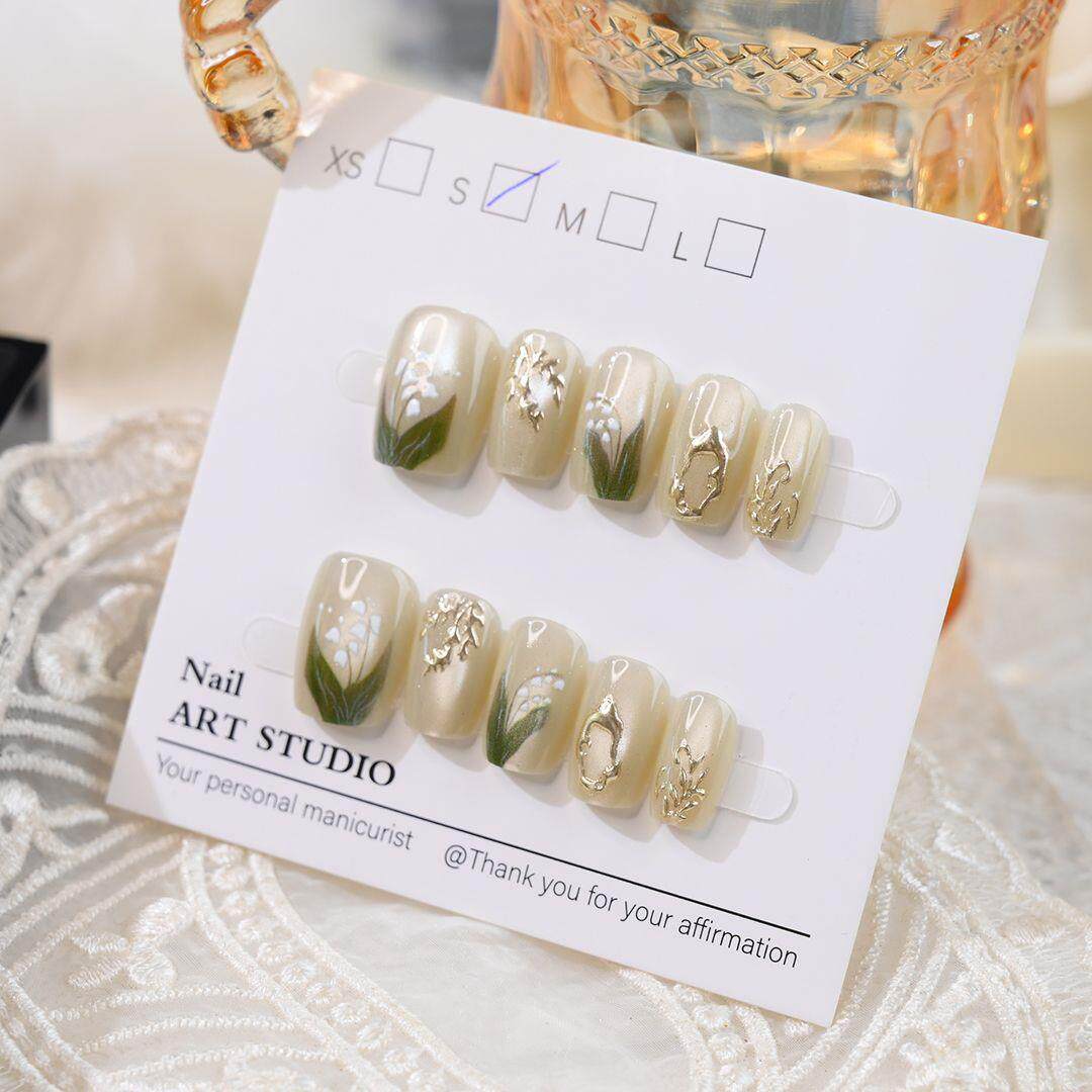 Lily of the Valley Short Press-On Nails | Handmade Botanical Nail Art