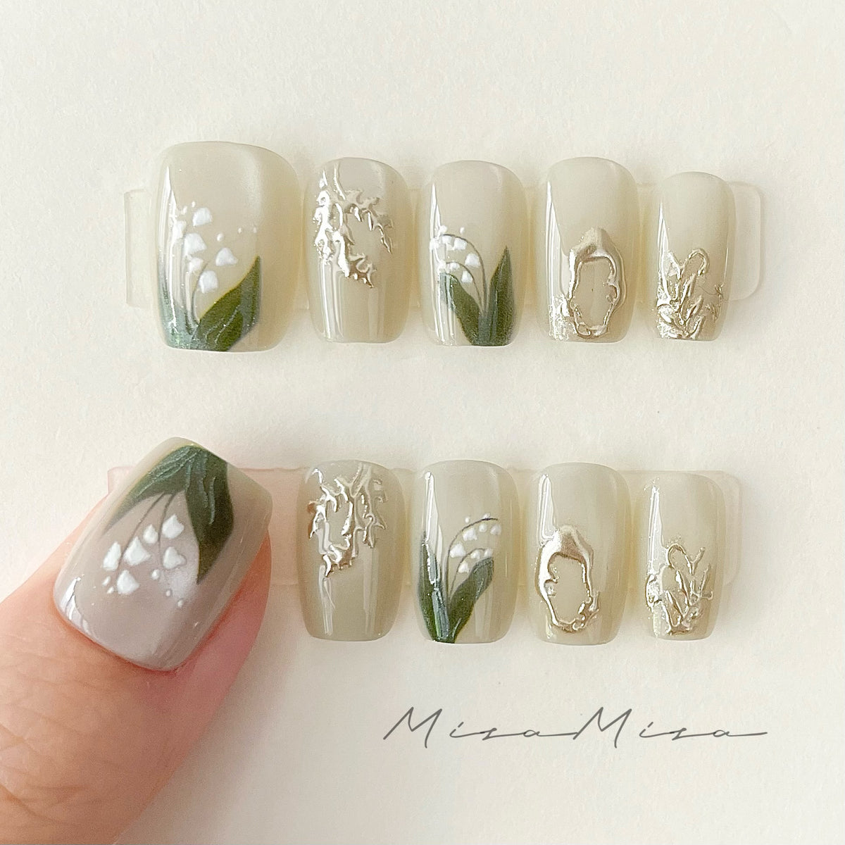 Lily of the Valley Short Press-On Nails | Handmade Botanical Nail Art