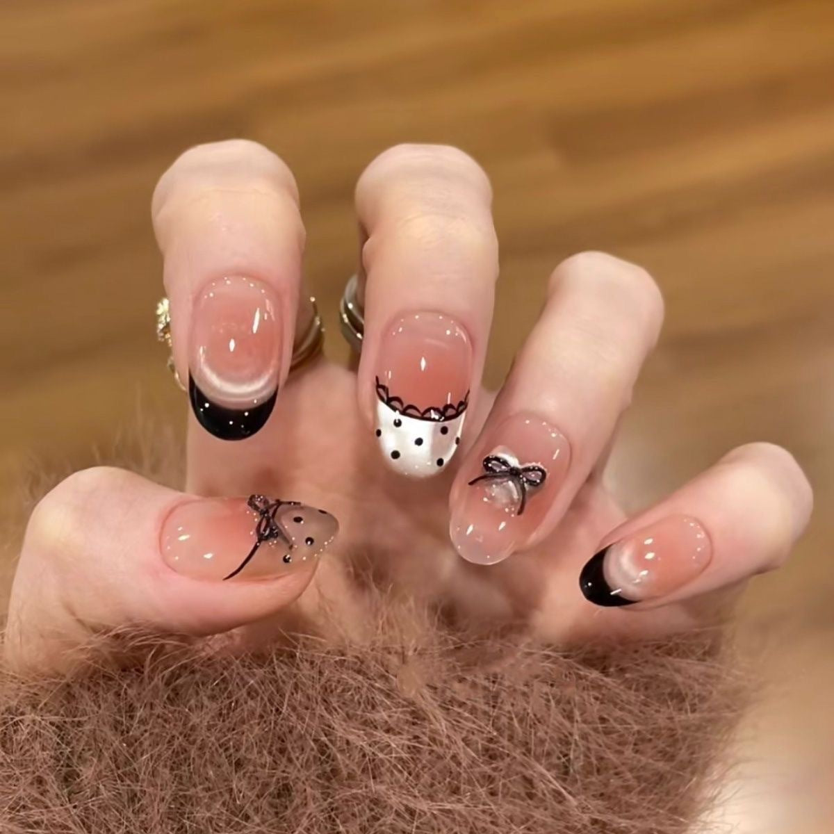 Black Lace French Tip Short Press-On Nails