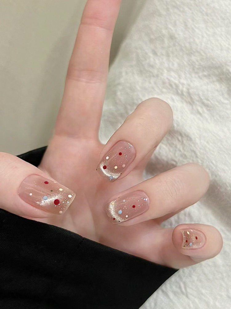 Sheer Crystal Confetti Short Press-On Nails | Multicolour Gem Dot Nail Art