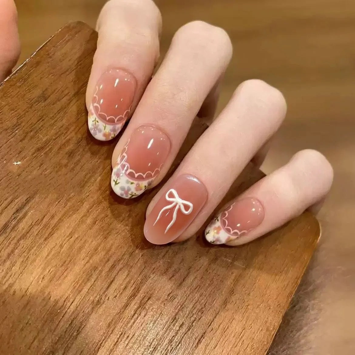 Floral French Tip Short Press-On Nails