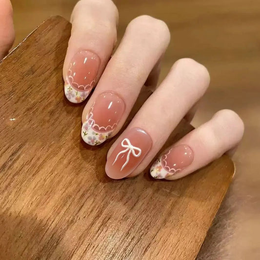 Floral French Tip Short Press-On Nails
