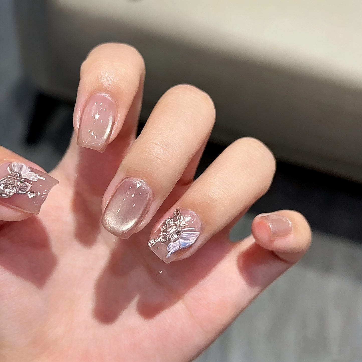 Aurora Pearl Short Press-On Nails | 3D Crystal Butterfly Embellishment