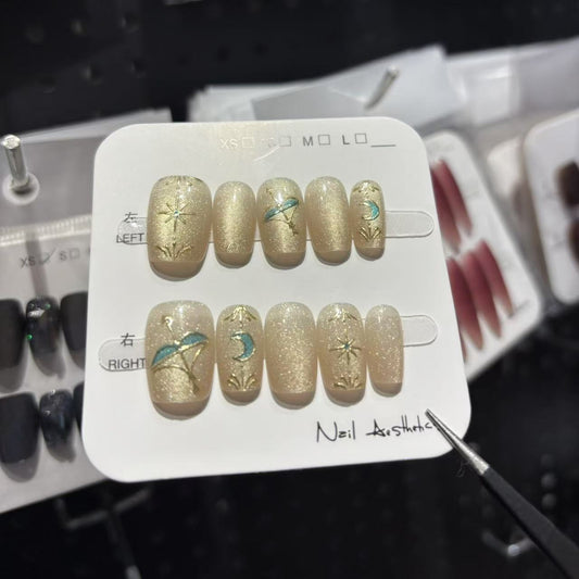 Gold Glitter Celestial Short Press-On Nails