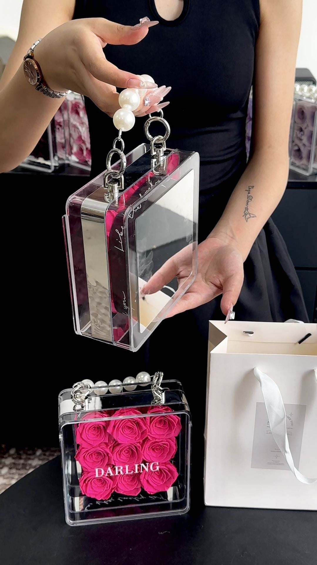 DARLING preserved rose handbag handmade in UK by Alyssa's House — close-up
