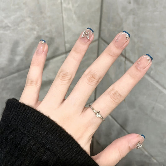 Navy Blue French Tip Short Press-On Nails