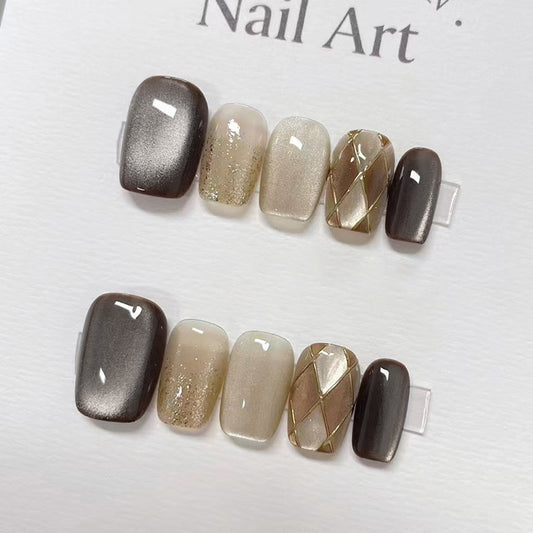 Smoky Brown Cat-Eye Short Press-On Nails