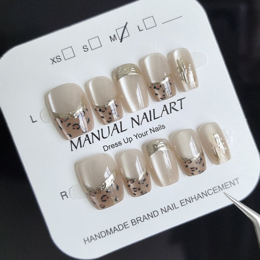 Nude Leopard & Gold French Tip Short Press-On Nails