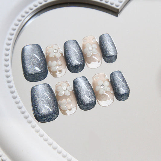Steel Grey Cat-Eye & Daisy Floral Short Press-On Nails