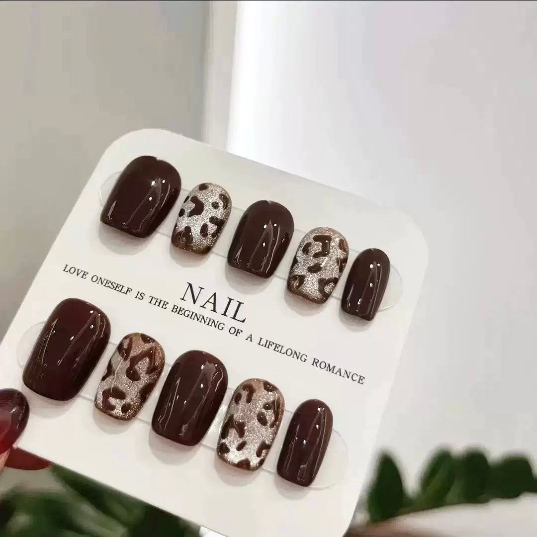 Burgundy Glitter Leopard Print Short Press-On Nails