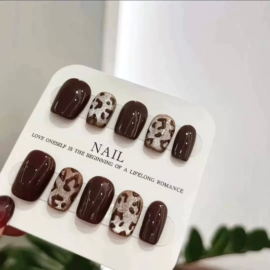 Burgundy Glitter Leopard Print Short Press-On Nails