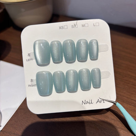 Powder Blue Cat-Eye Shimmer Short Press-On Nails