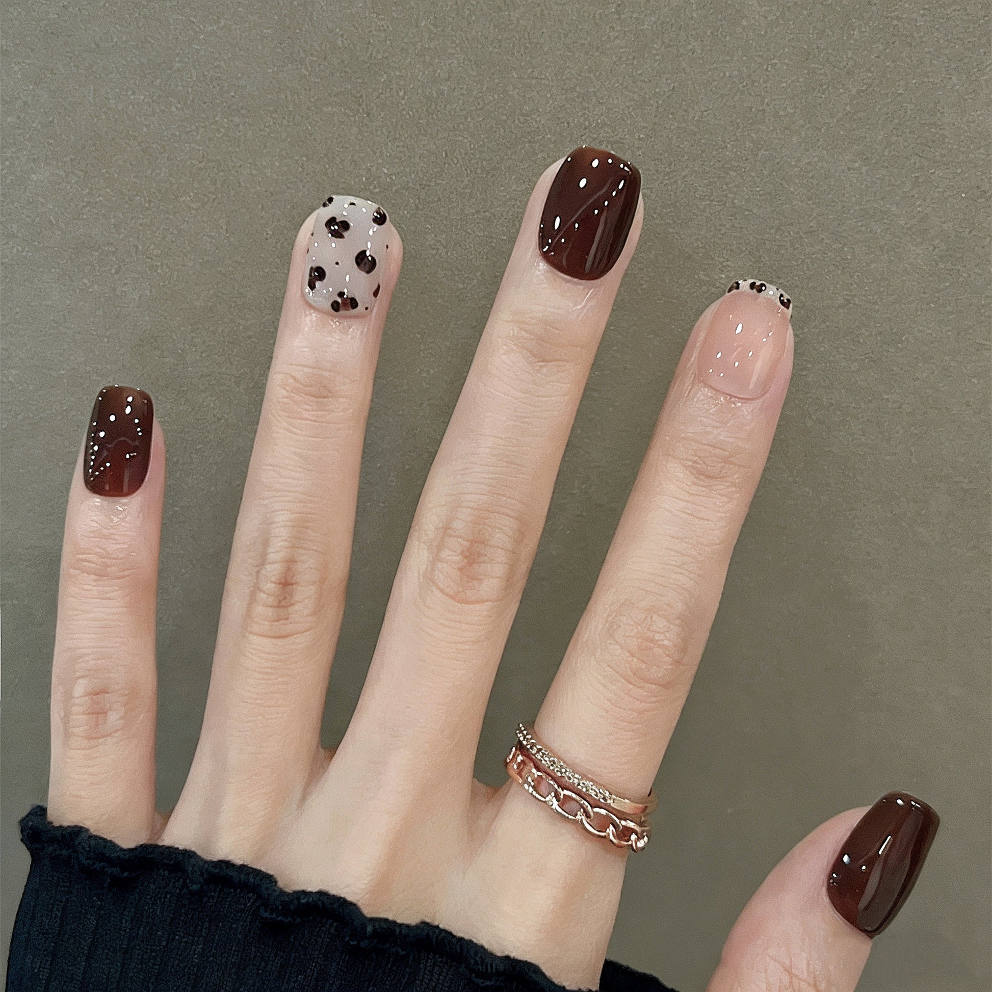 Dark Brown Dalmatian Mix Short Press-On Nails