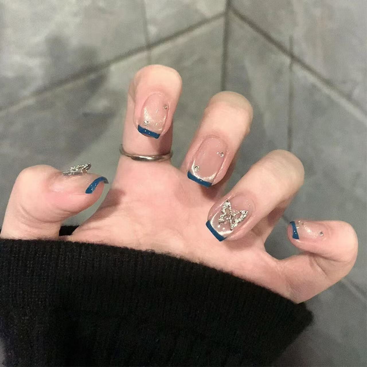 Blue French Tip & Silver Star Short Press-On Nails