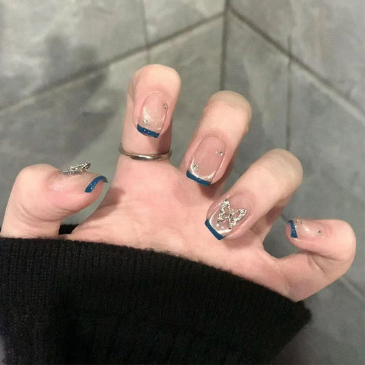 Blue French Tip & Silver Star Short Press-On Nails