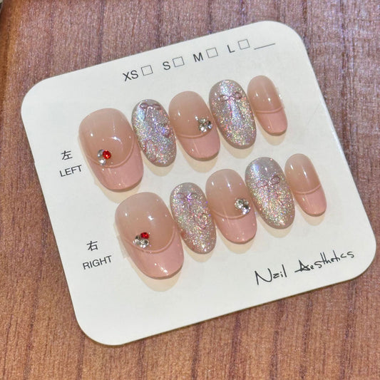 Nude Pink Aurora Glitter Bow Short Press-On Nails