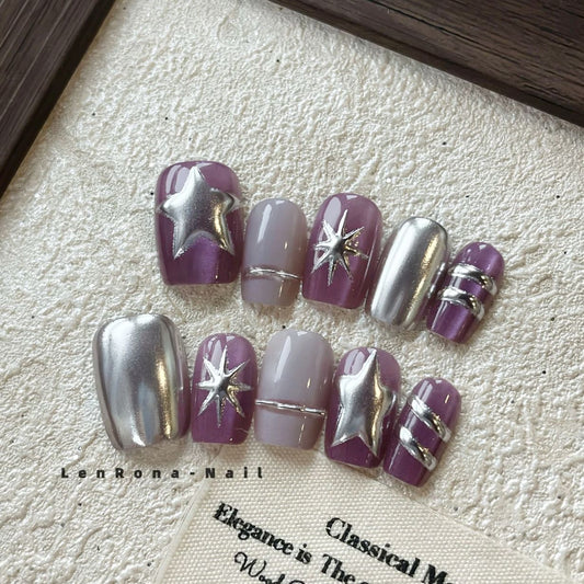 Purple Chrome Star Short Press-On Nails