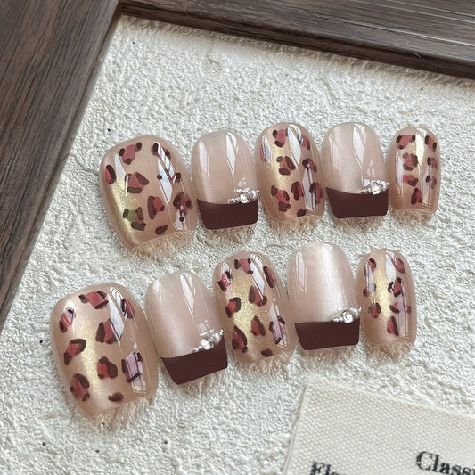 Champagne Leopard Print French Tip Short Press-On Nails