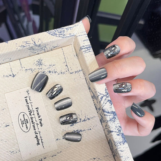Dark Grey Gunmetal Foil Short Press-On Nails