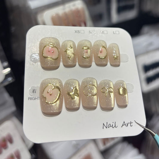 Champagne Shimmer 3D Gold Charm Short Press-On Nails