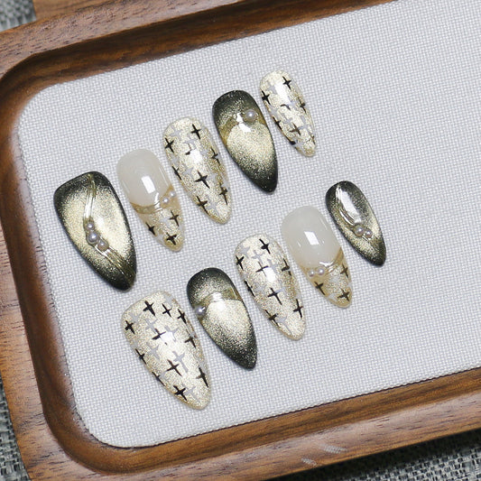 Dark Sweet Cool Aesthetic Cat-Eye Starry Cross Press-On Nails (Tool Kit Included)