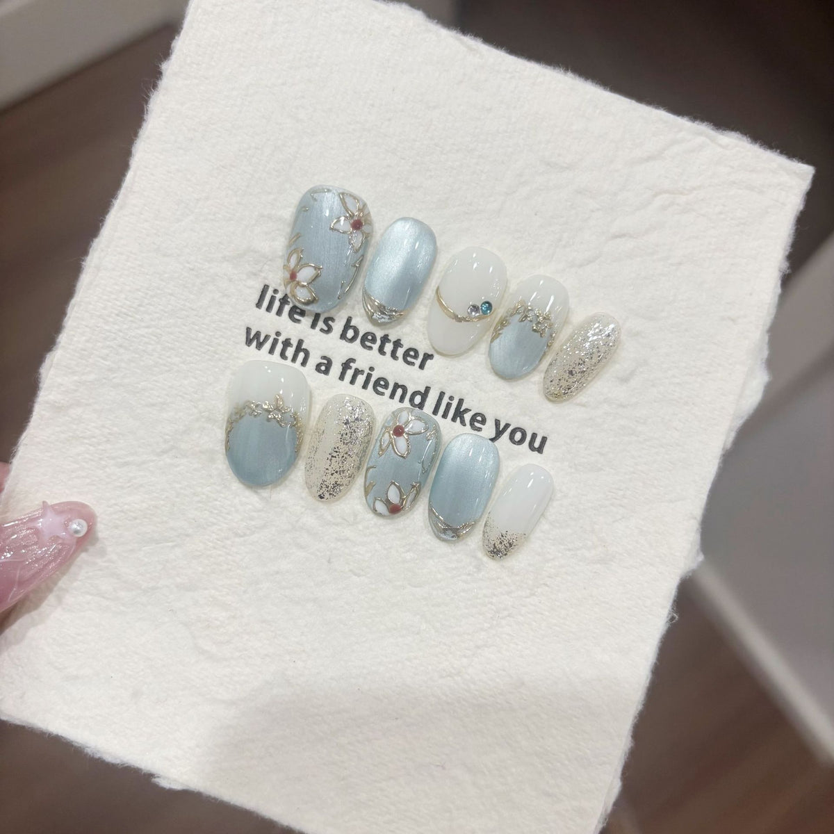 Elegant Soft Blue Floral Shimmer Press-On Nails (Tool Kit Included)