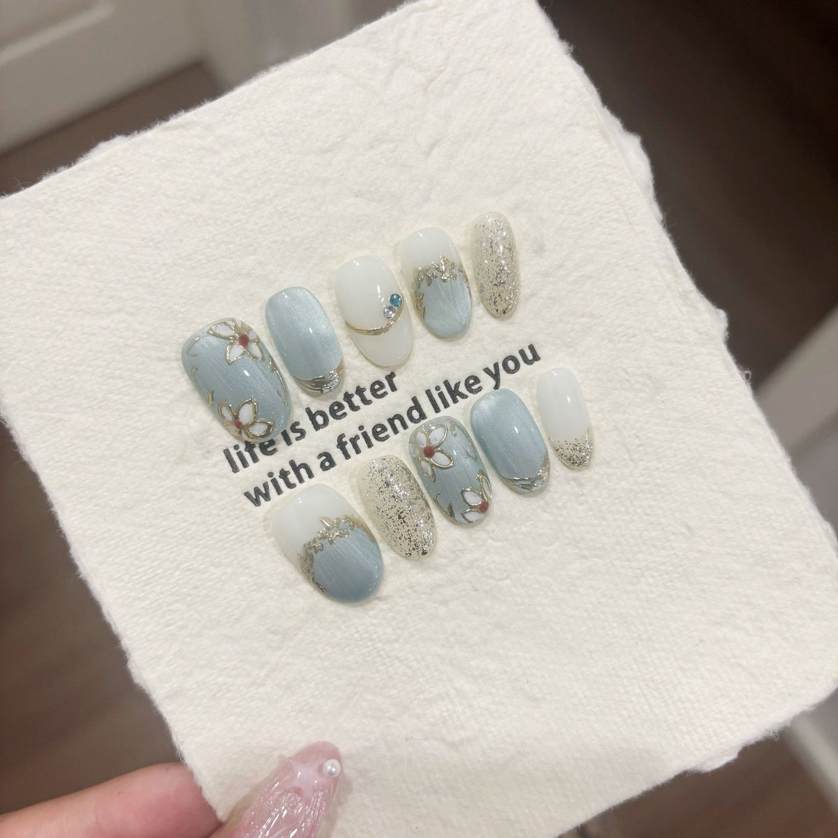 Elegant Soft Blue Floral Shimmer Press-On Nails (Tool Kit Included)