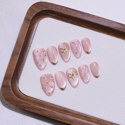 Elegant Creamy Peach 3D Bow Accent Press-On Nails (Tool Kit Included)