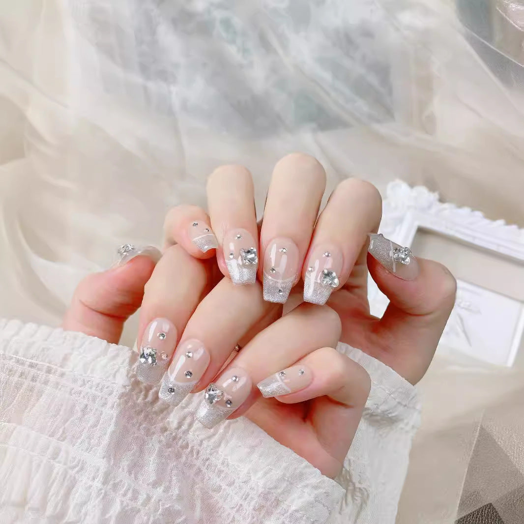Elegant Champagne Crystal French Glam Press-On Nails (Tool Kit Included)