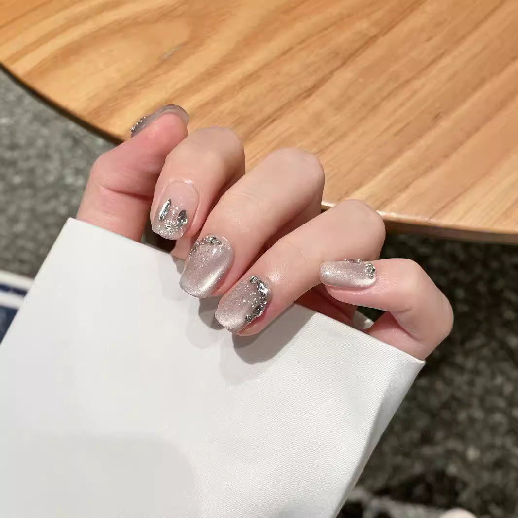 Elegant Silver Mirror Metallic Glimmer Press-On Nails (Tool Kit Included)