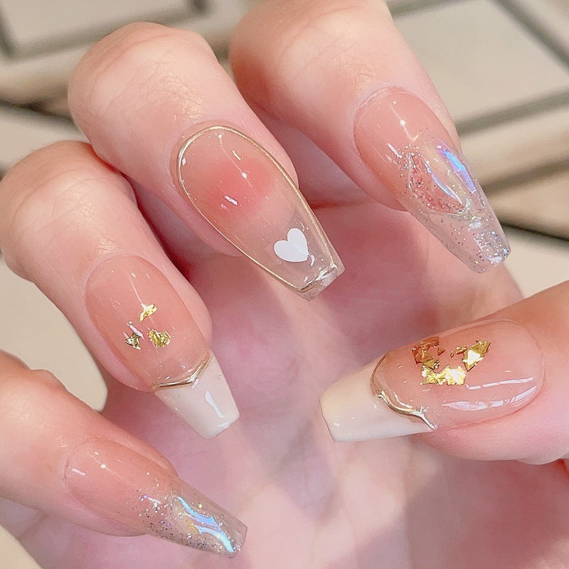Elegant Aurora Heart Gold Accent Press-On Nails (Tool Kit Included)