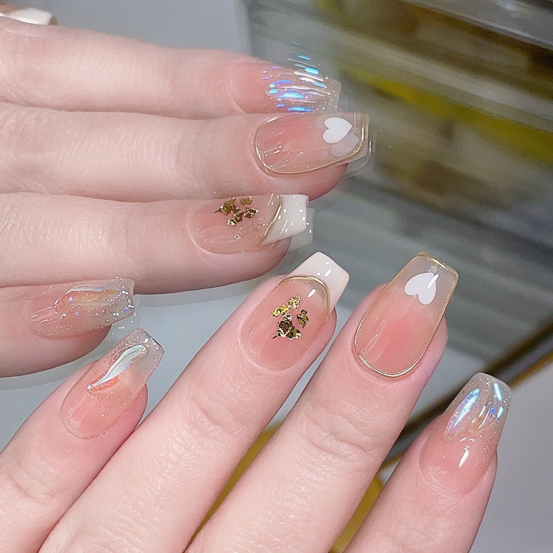 Elegant Aurora Heart Gold Accent Press-On Nails (Tool Kit Included)