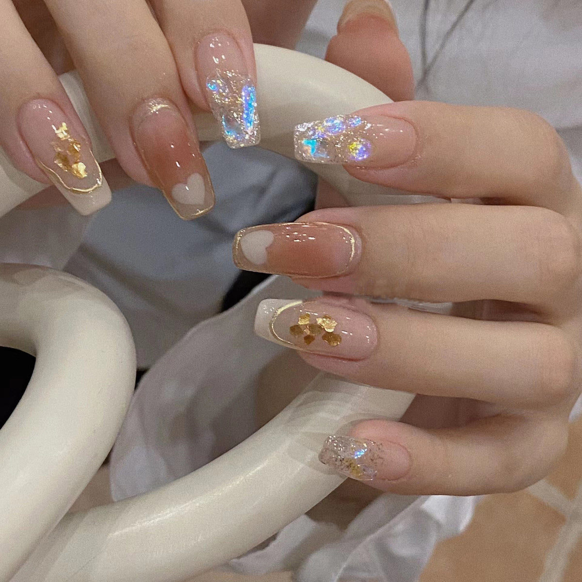 Elegant Aurora Heart Gold Accent Press-On Nails (Tool Kit Included)